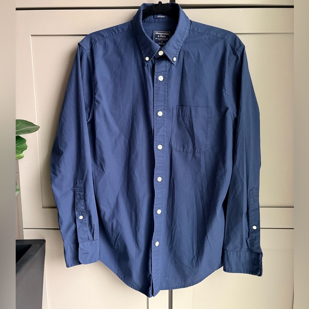 Vintage Y2K Abercrombie & Fitch Navy Oxford Shirt Relaxed Fit Stretch | Men’s S - Picture 3 of 15